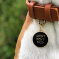 Pet ID tag hanging on a brown collar worn by a brown and white dog. Made of gold plated brass and black enamel, it reads 'Adopt Don't Shop'.