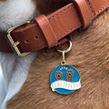 Pet ID tag hanging on a collar worn by a brown and white dog. It is made of gold plated brass and turquoise enamel that read 'Paw-sitivity' and depicts paws praising to the heavens.