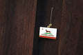 Pet ID tag hanging on a nail on a brown fence. The tag is made of gold plated brass with red and white enamel in the style of a California state flag but with a small dog instead of a bear.